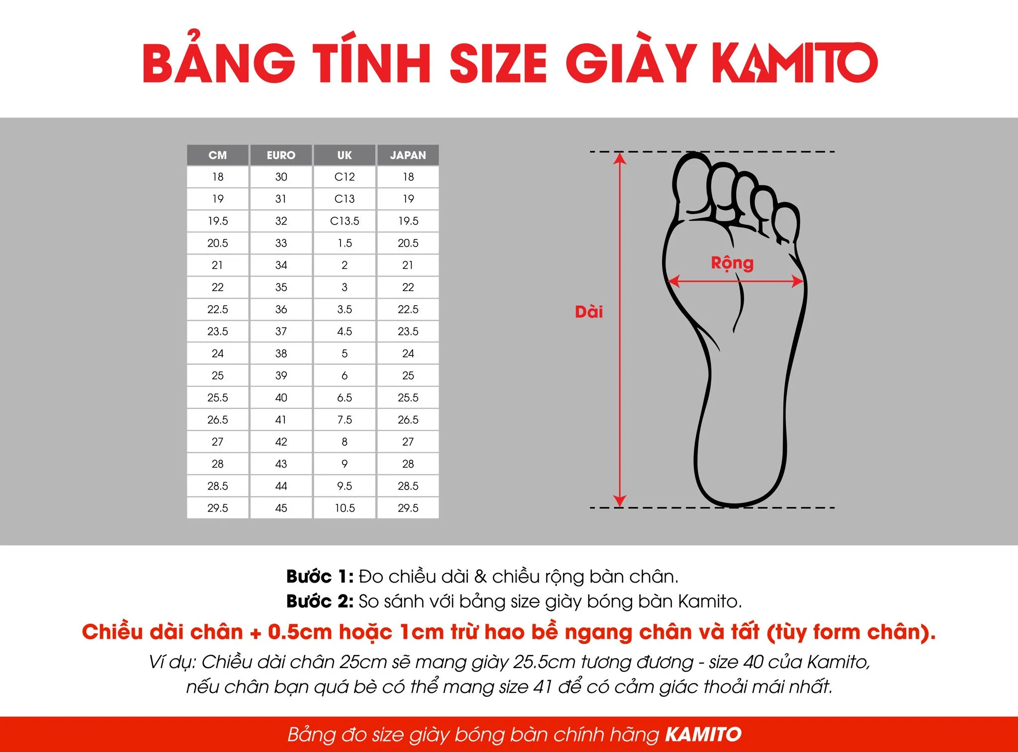 Giày thể thao trẻ em Kamito Kiba (Đỏ) 7 size chart kamito giay bong ban